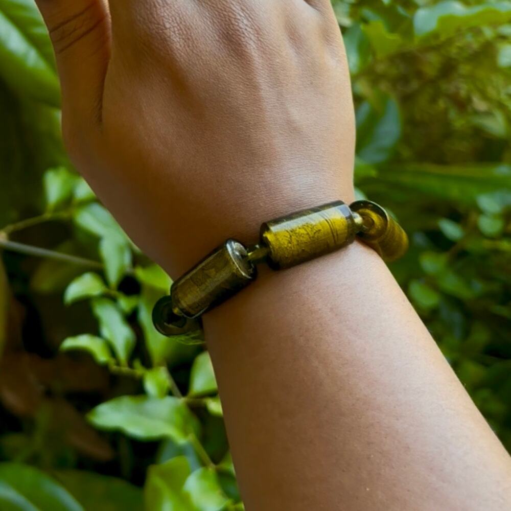 Vintage Chunky Olive Green Lampwork Bead Stretch Bracelet